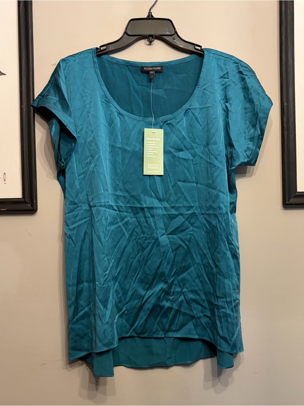 NWT Eileen Fisher Stretch Silk Charmeuse Lagoon Scoop Neck Top Size S